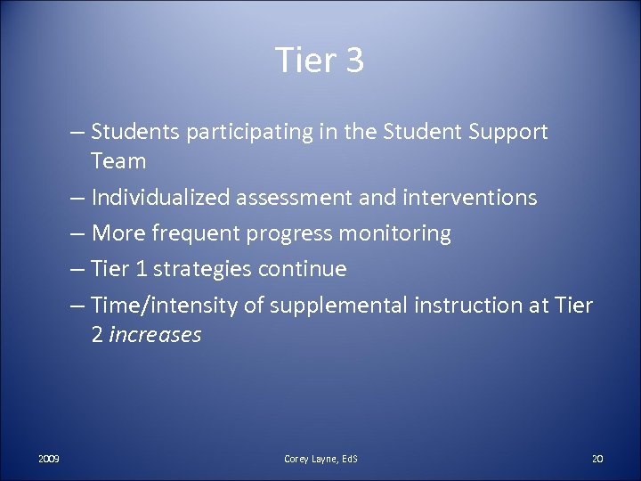 Tier 3 – Students participating in the Student Support Team – Individualized assessment and