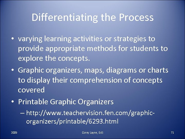 Differentiating the Process • varying learning activities or strategies to provide appropriate methods for