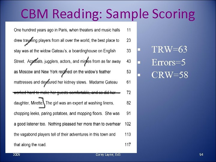 CBM Reading: Sample Scoring § § § 2009 Corey Layne, Ed. S TRW=63 Errors=5