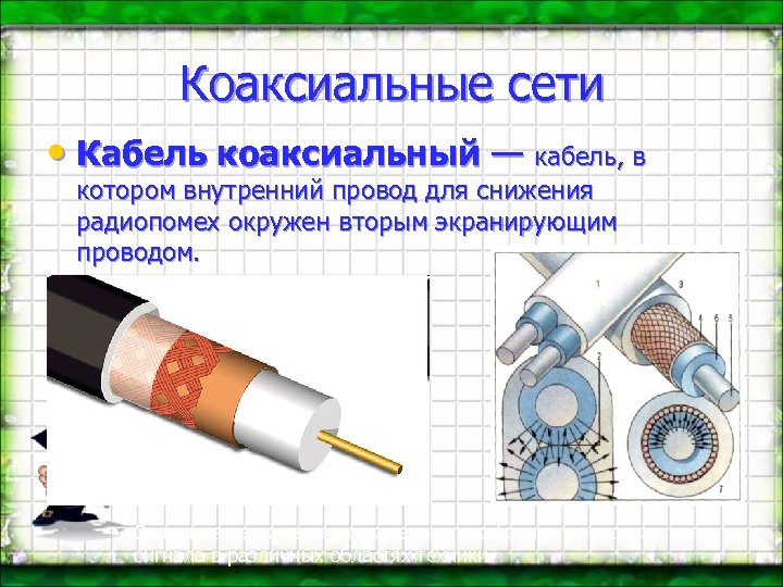 Коаксиальные сети • Кабель коаксиальный — кабель, в котором внутренний провод для снижения радиопомех