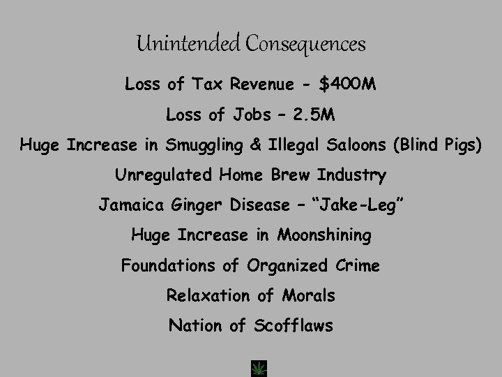 Unintended Consequences Loss of Tax Revenue - $400 M Loss of Jobs – 2.