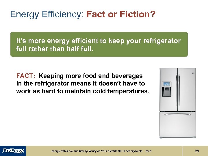 Energy Efficiency: Fact or Fiction? It’s more energy efficient to keep your refrigerator full