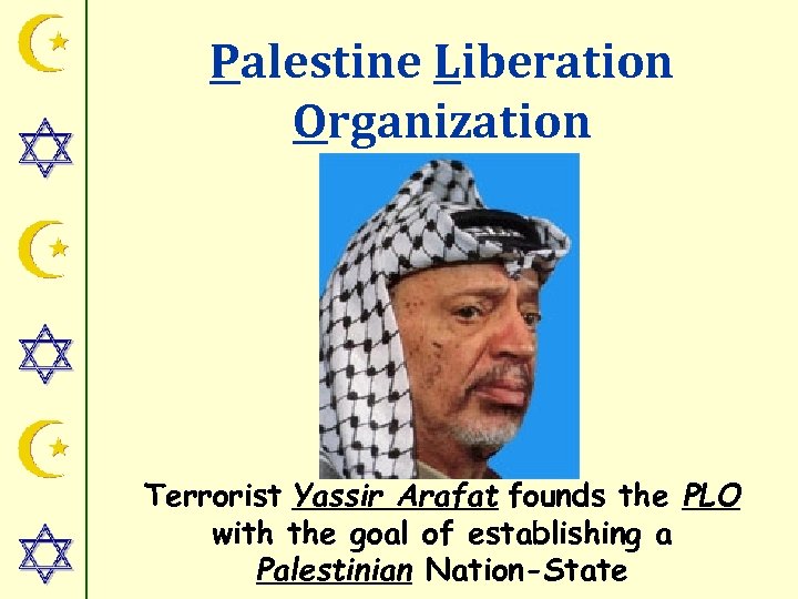Palestine Liberation Organization Terrorist Yassir Arafat founds the PLO with the goal of establishing