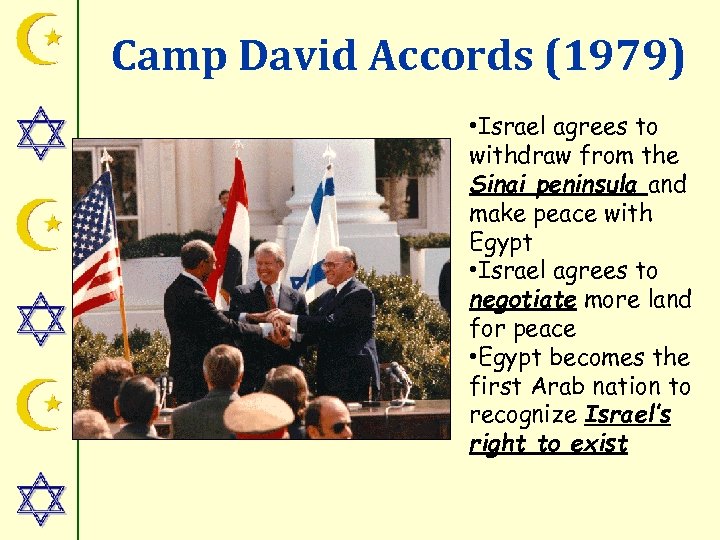 Camp David Accords (1979) • Israel agrees to withdraw from the Sinai peninsula and