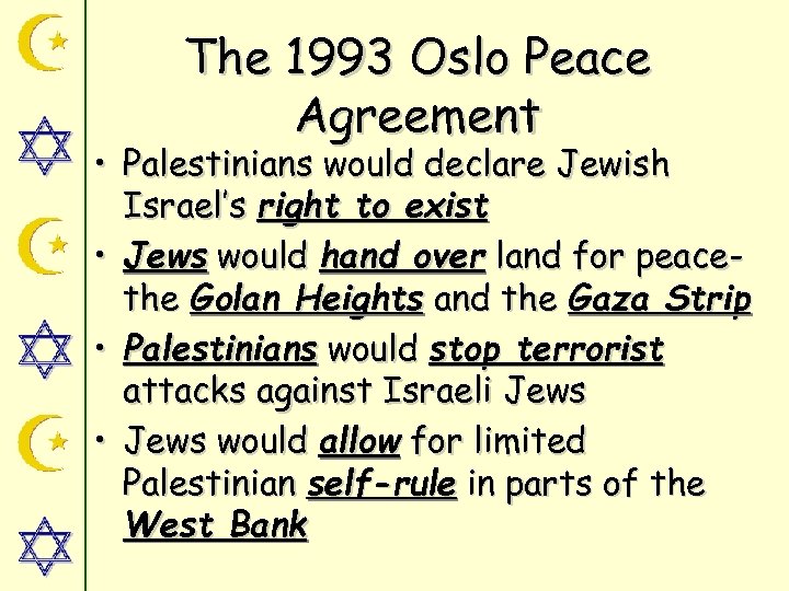 The 1993 Oslo Peace Agreement • Palestinians would declare Jewish Israel’s right to exist