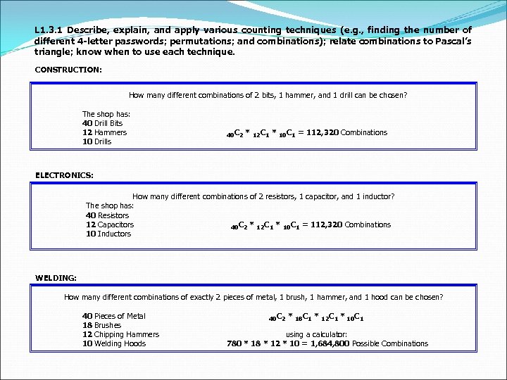 L 1. 3. 1 Describe, explain, and apply various counting techniques (e. g. ,