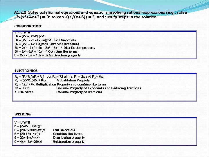 A 1. 2. 5 Solve polynomial equations and equations involving rational expressions (e. g.