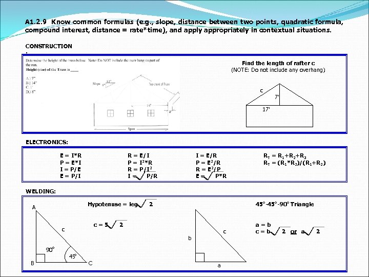 A 1. 2. 9 Know common formulas (e. g. , slope, distance between two