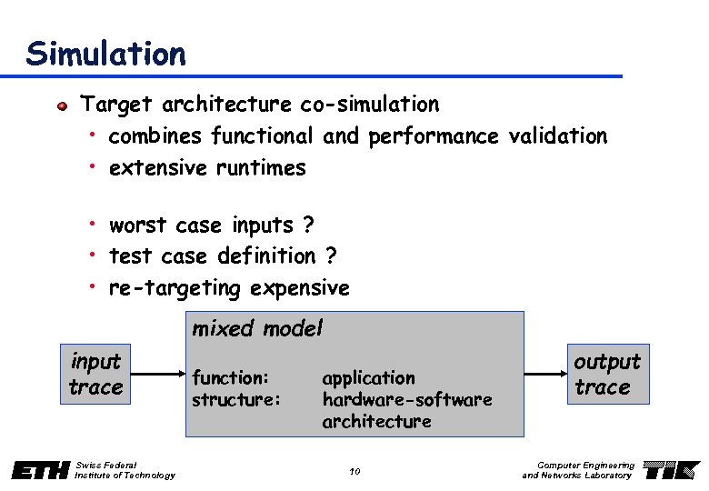 Simulation Target architecture co-simulation • combines functional and performance validation • extensive runtimes •