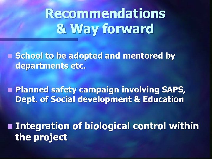 Recommendations & Way forward n School to be adopted and mentored by departments etc.