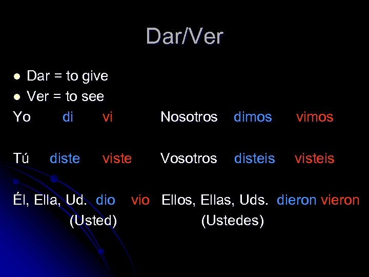 Dar/Ver Dar = to give l Ver = to see Yo di vi Nosotros