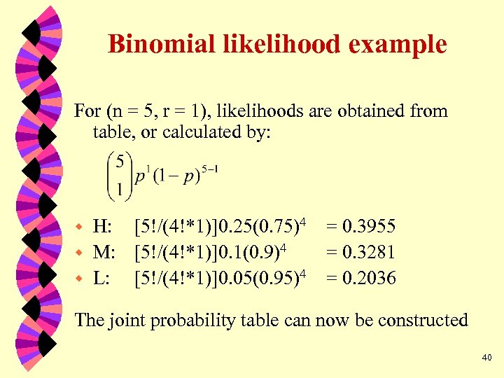 Binomial likelihood example For (n = 5, r = 1), likelihoods are obtained from