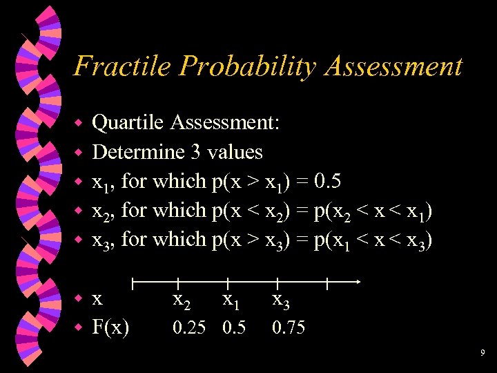 Fractile Probability Assessment w w w Quartile Assessment: Determine 3 values x 1, for