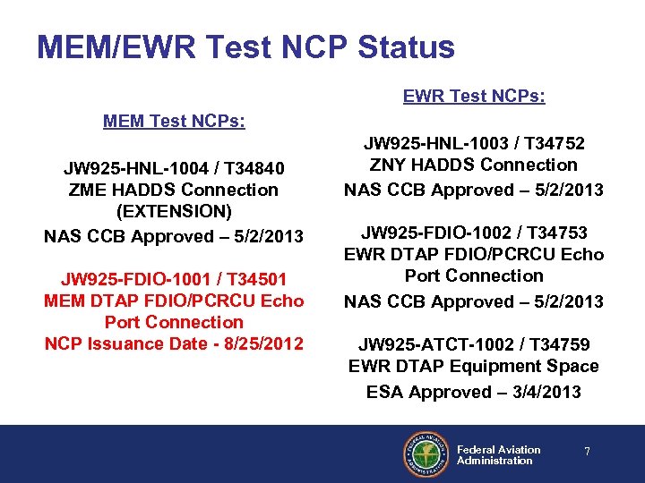 MEM/EWR Test NCP Status EWR Test NCPs: MEM Test NCPs: JW 925 -HNL-1004 /