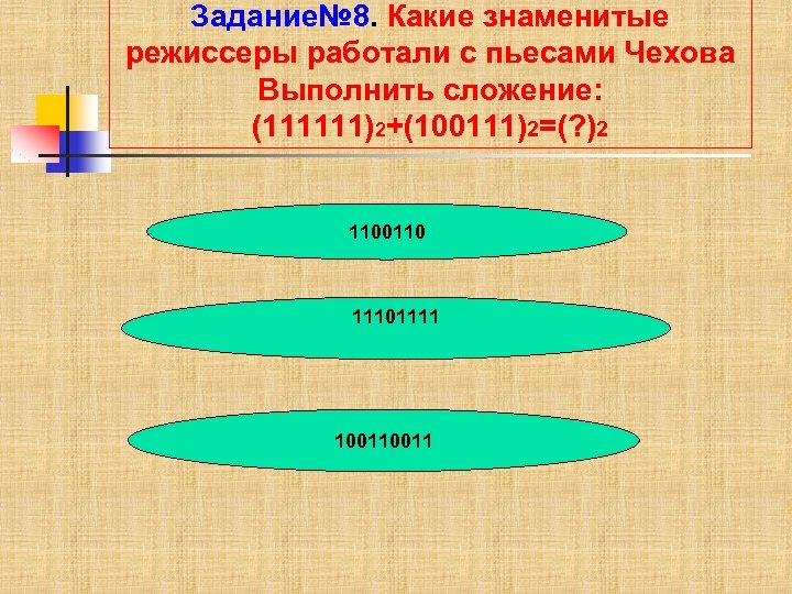 Задание№ 8. Какие знаменитые режиссеры работали с пьесами Чехова Выполнить сложение: (111111)2+(100111)2=(? )2 1100110