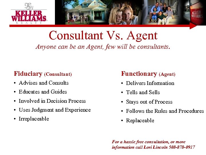 Consultant Vs. Agent Anyone can be an Agent, few will be consultants. Fiduciary (Consultant)