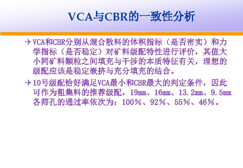 VCA与CBR的一致性分析 Q VCA和CBR分别从混合散料的体积指标（是否密实）和力 学指标（是否稳定）对矿料级配特性进行评价，其值大 小同矿料颗粒之间填充与干涉的本质特征有关，理想的 级配应该是稳定嵌挤与充分填充的结合。 Q 10号级配恰好满足VCA最小和CBR最大的判定条件，因此 可作为粗集料的推荐级配，19 mm、16 mm、13. 2 mm、9. 5