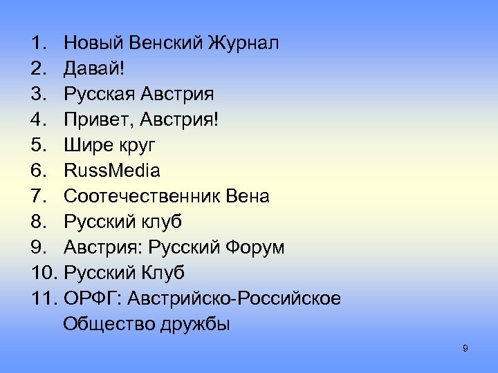 1. Новый Венский Журнал 2. Давай! 3. Русская Австрия 4. Привет, Австрия! 5. Шире