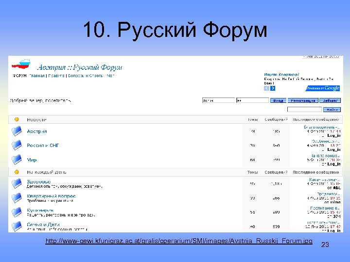 10. Русский Форум http: //www-gewi. kfunigraz. ac. at/gralis/operarium/SMI/images/Avstrija_Russkij_Forum. jpg 23 