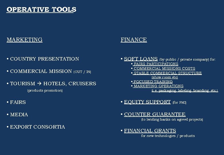 OPERATIVE TOOLS MARKETING FINANCE • COUNTRY PRESENTATION • SOFT LOANS • COMMERCIAL MISSION (OUT
