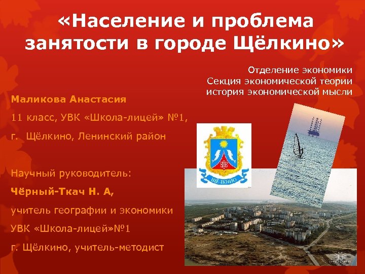  «Население и проблема занятости в городе Щёлкино» Маликова Анастасия 11 класс, УВК «Школа-лицей»