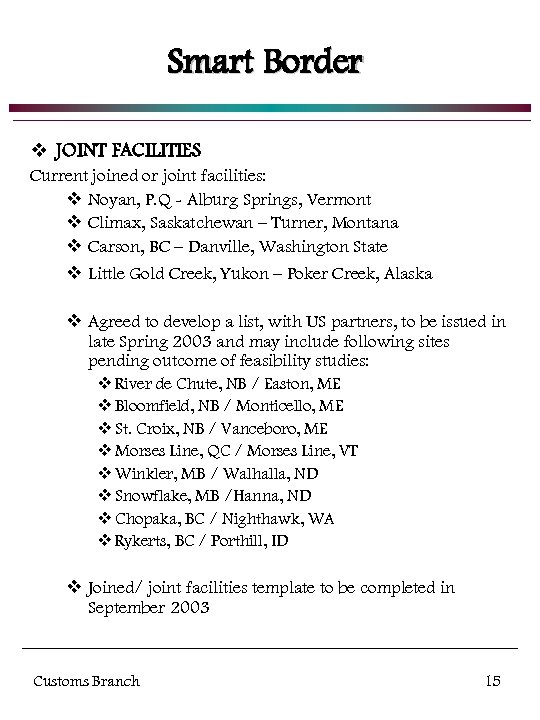 Smart Border v JOINT FACILITIES Current joined or joint facilities: v Noyan, P. Q