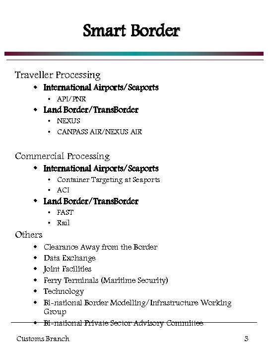 Smart Border Traveller Processing w International Airports/Seaports • API/PNR w Land Border/Trans. Border •