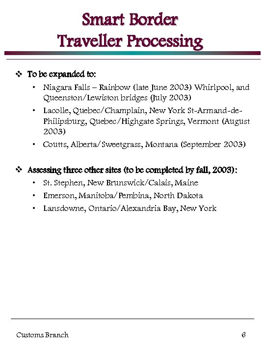 Smart Border Traveller Processing v To be expanded to: • Niagara Falls – Rainbow