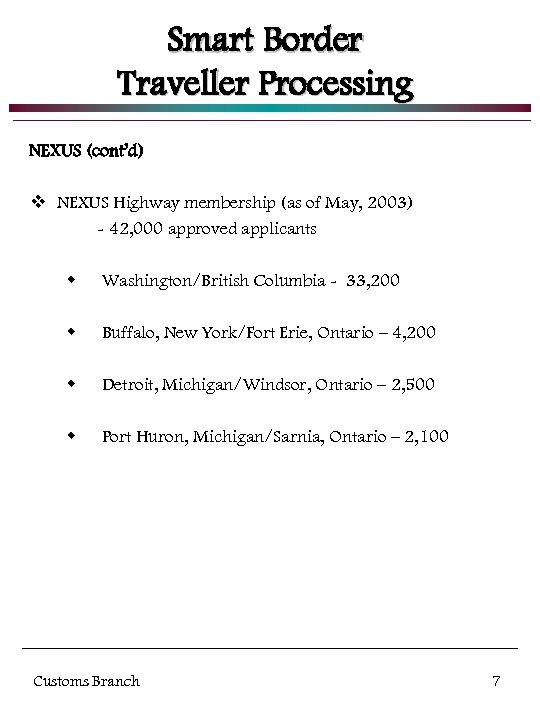 Smart Border Traveller Processing NEXUS (cont’d) v NEXUS Highway membership (as of May, 2003)