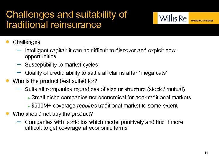Challenges and suitability of traditional reinsurance · Challenges · Intelligent capital: it can be