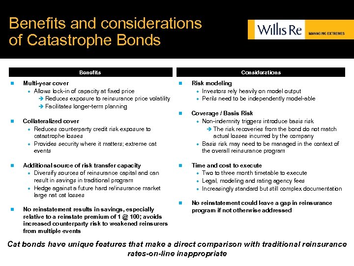 Benefits and considerations of Catastrophe Bonds Benefits n Additional source of risk transfer capacity