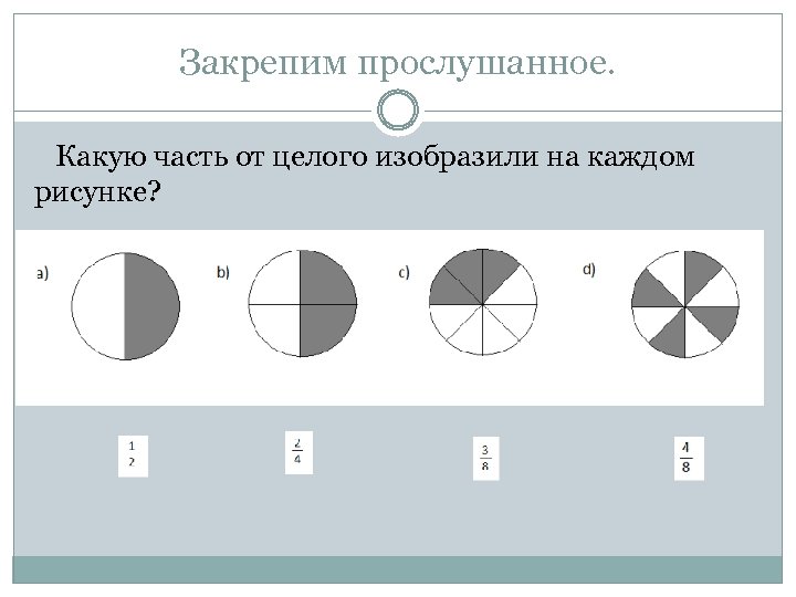 Закрепим прослушанное. Какую часть от целого изобразили на каждом рисунке? 