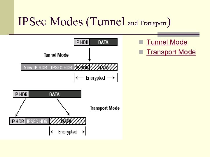 IPSec Modes (Tunnel and Transport) n Transport Mode n Tunnel Mode n Transport Mode