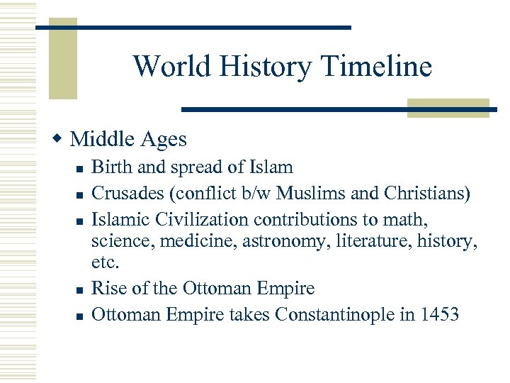 World History Timeline w Middle Ages n n n Birth and spread of Islam