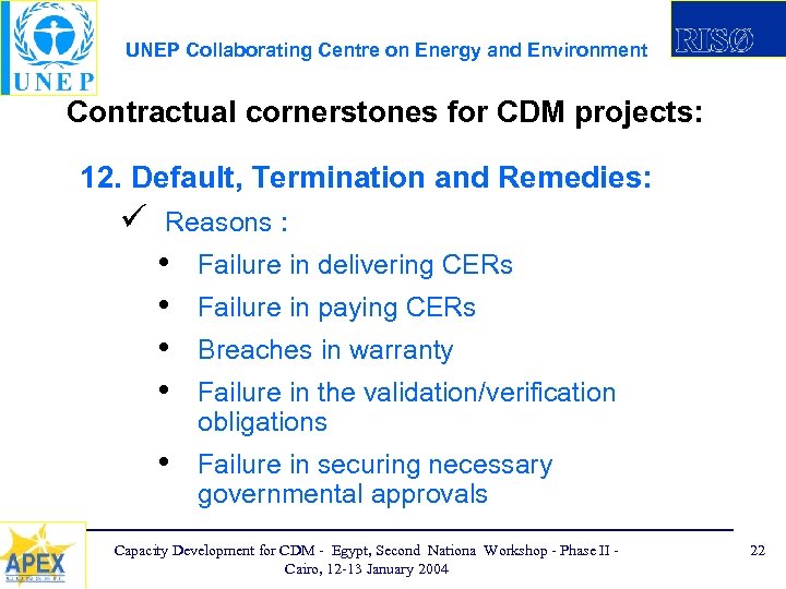 UNEP Collaborating Centre on Energy and Environment Contractual cornerstones for CDM projects: 12. Default,