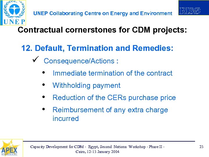 UNEP Collaborating Centre on Energy and Environment Contractual cornerstones for CDM projects: 12. Default,