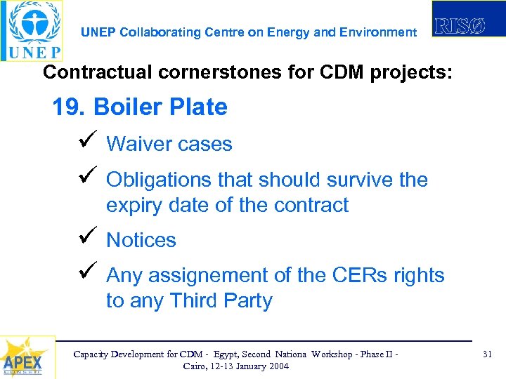 UNEP Collaborating Centre on Energy and Environment Contractual cornerstones for CDM projects: 19. Boiler