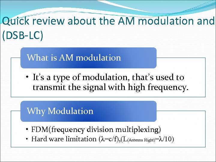 Quick review about the AM modulation and (DSB-LC) What is AM modulation • It’s