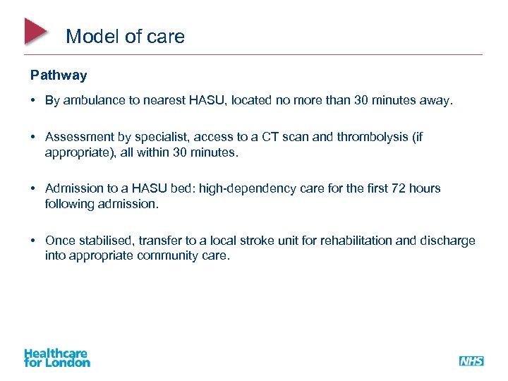 Model of care Pathway • By ambulance to nearest HASU, located no more than