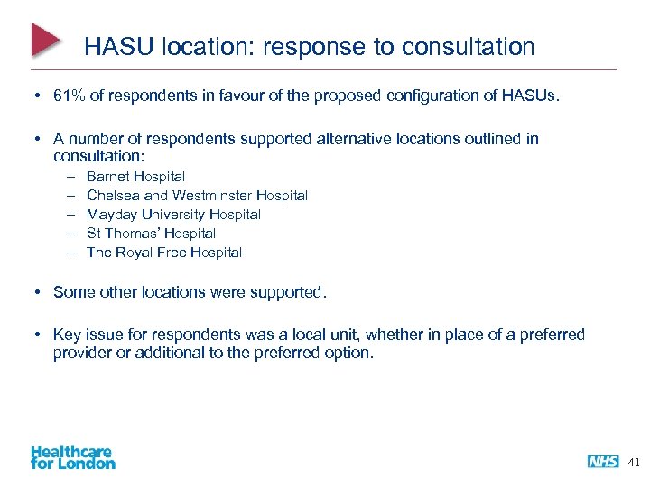 HASU location: response to consultation • 61% of respondents in favour of the proposed