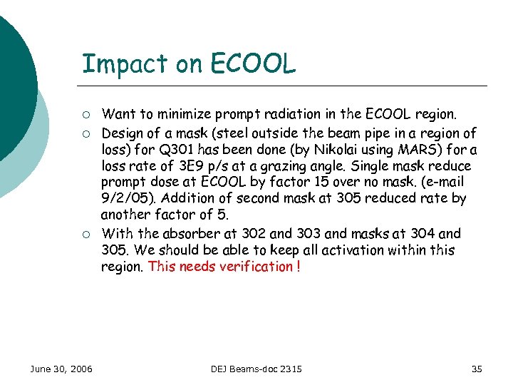 Impact on ECOOL ¡ ¡ ¡ June 30, 2006 Want to minimize prompt radiation