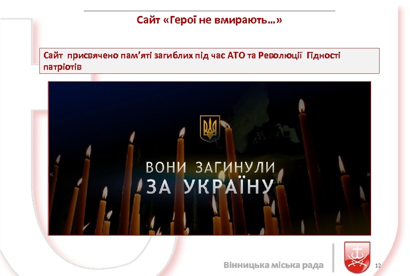 Сайт «Герої не вмирають…» Сайт присвячено пам’яті загиблих під час АТО та Революції Гідності