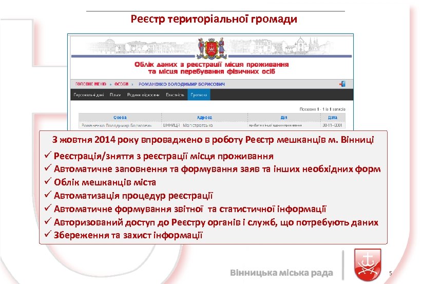 Реєстр територіальної громади З жовтня 2014 року впроваджено в роботу Реєстр мешканців м. Вінниці