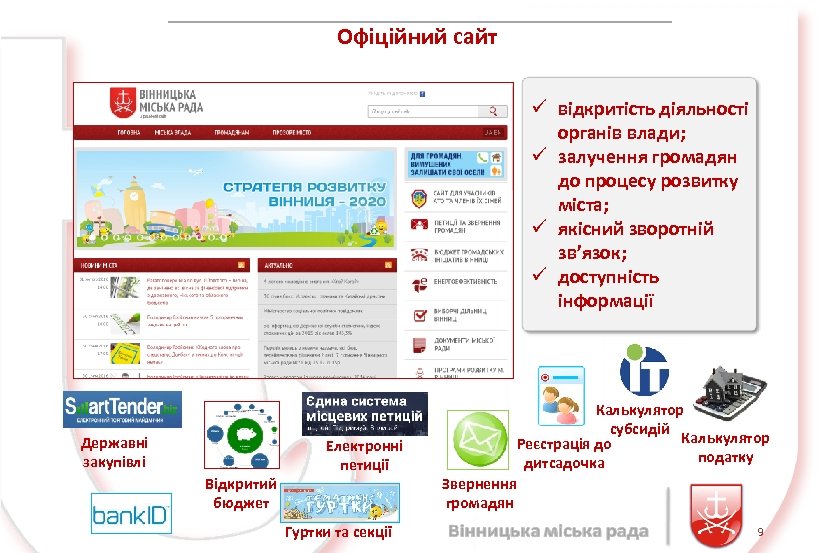Офіційний сайт ü відкритість діяльності органів влади; ü залучення громадян до процесу розвитку міста;