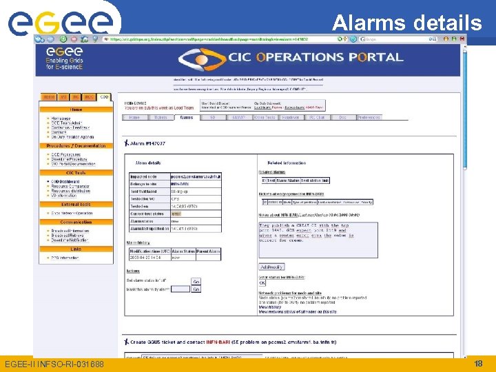 Alarms details Enabling Grids for E-scienc. E EGEE-II INFSO-RI-031688 18 