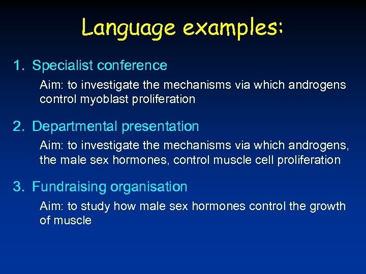 Language examples: 1. Specialist conference Aim: to investigate the mechanisms via which androgens control
