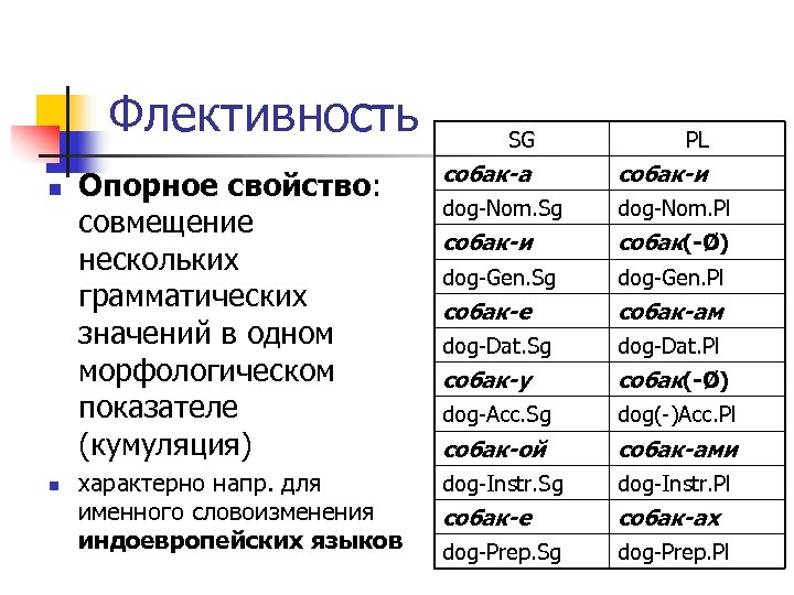 Флективность n n SG PL Опорное свойство: совмещение нескольких грамматических значений в одном морфологическом