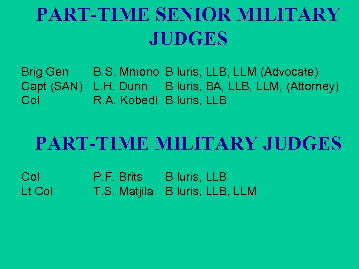 PART-TIME SENIOR MILITARY JUDGES Brig Gen B. S. Mmono B Iuris, LLB, LLM (Advocate)