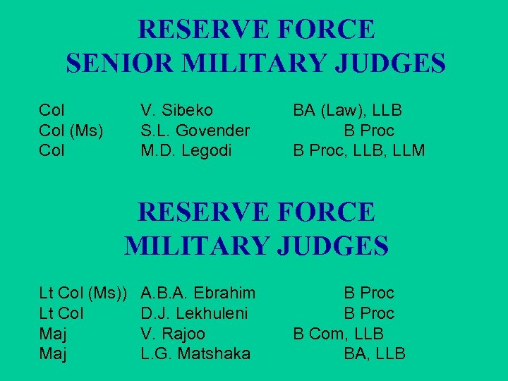 RESERVE FORCE SENIOR MILITARY JUDGES Col (Ms) Col V. Sibeko S. L. Govender M.