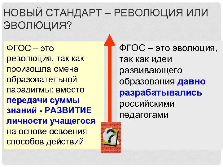 НОВЫЙ СТАНДАРТ – РЕВОЛЮЦИЯ ИЛИ ЭВОЛЮЦИЯ? ФГОС – это революция, так как произошла смена